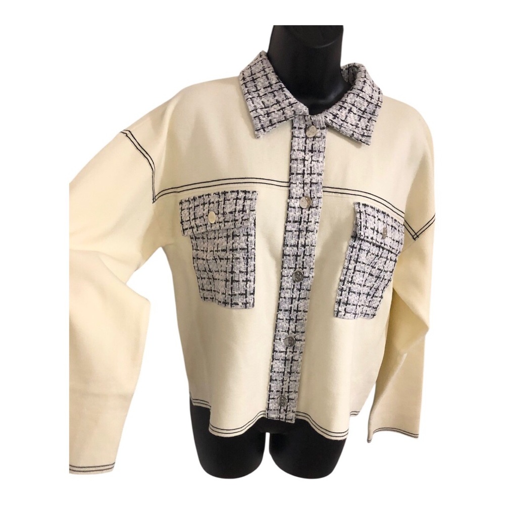 Nanette Lepore cream ecru tweed style detail button down shacket top‎ size large